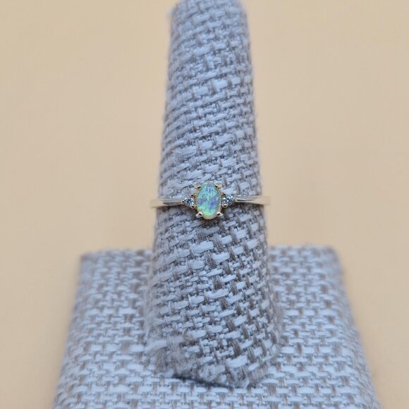 Size 8.25 Gold Over Sterling Silver Small Opal With CZ Accents Ring A5335 - Picture 1 of 9